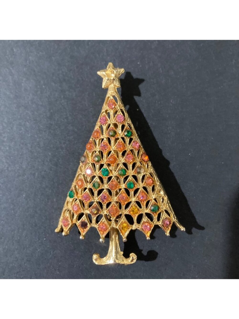Vintage Christmas Tree Brooch With Colorful Rhinestones & Gold-Tone Metal